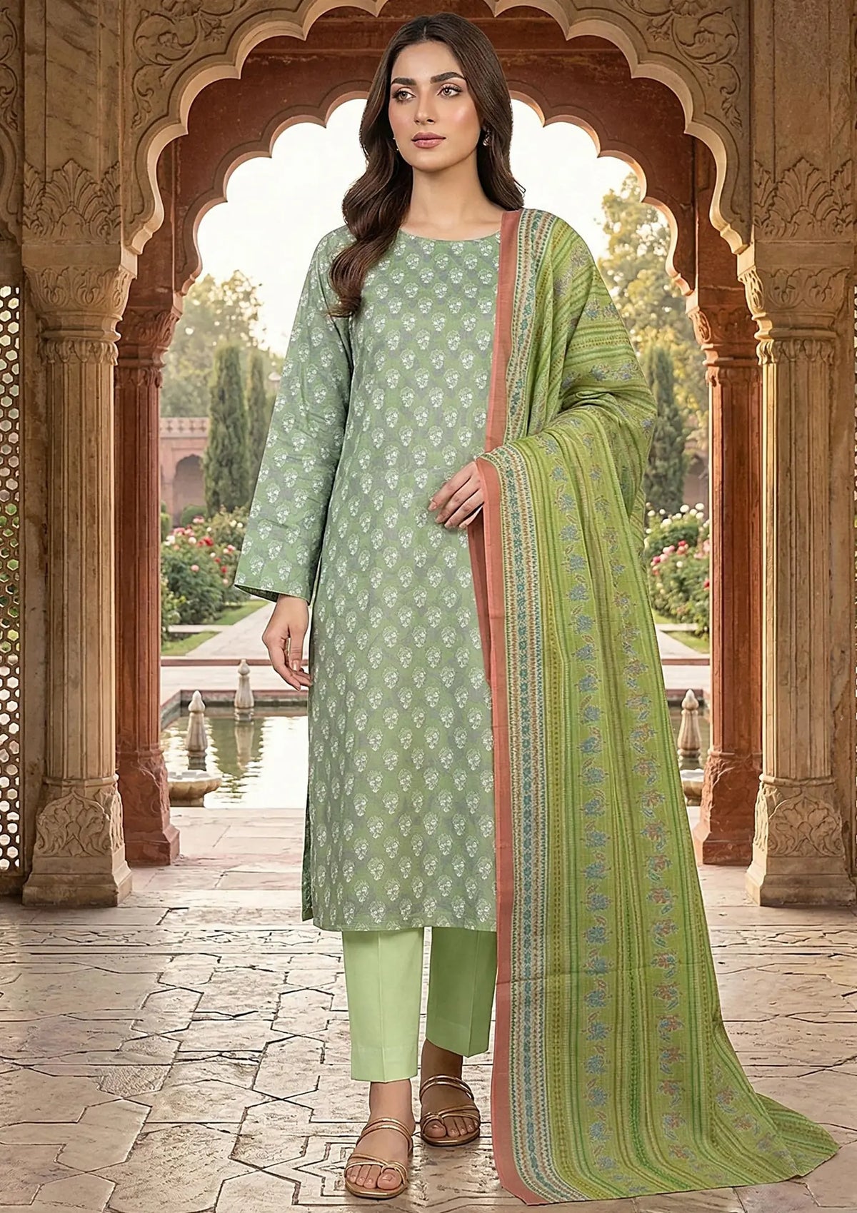 Prints Collection Volume 2 Mint Fern mint green and lime unstitched 3 piece lawn front styling view