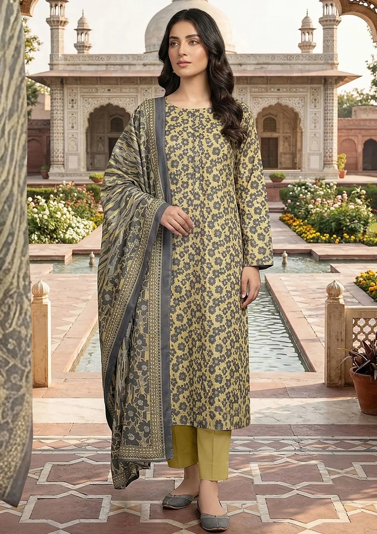 Prints Collection Volume 2 Olive Paisley olive and charcoal unstitched 3 piece lawn front styling view