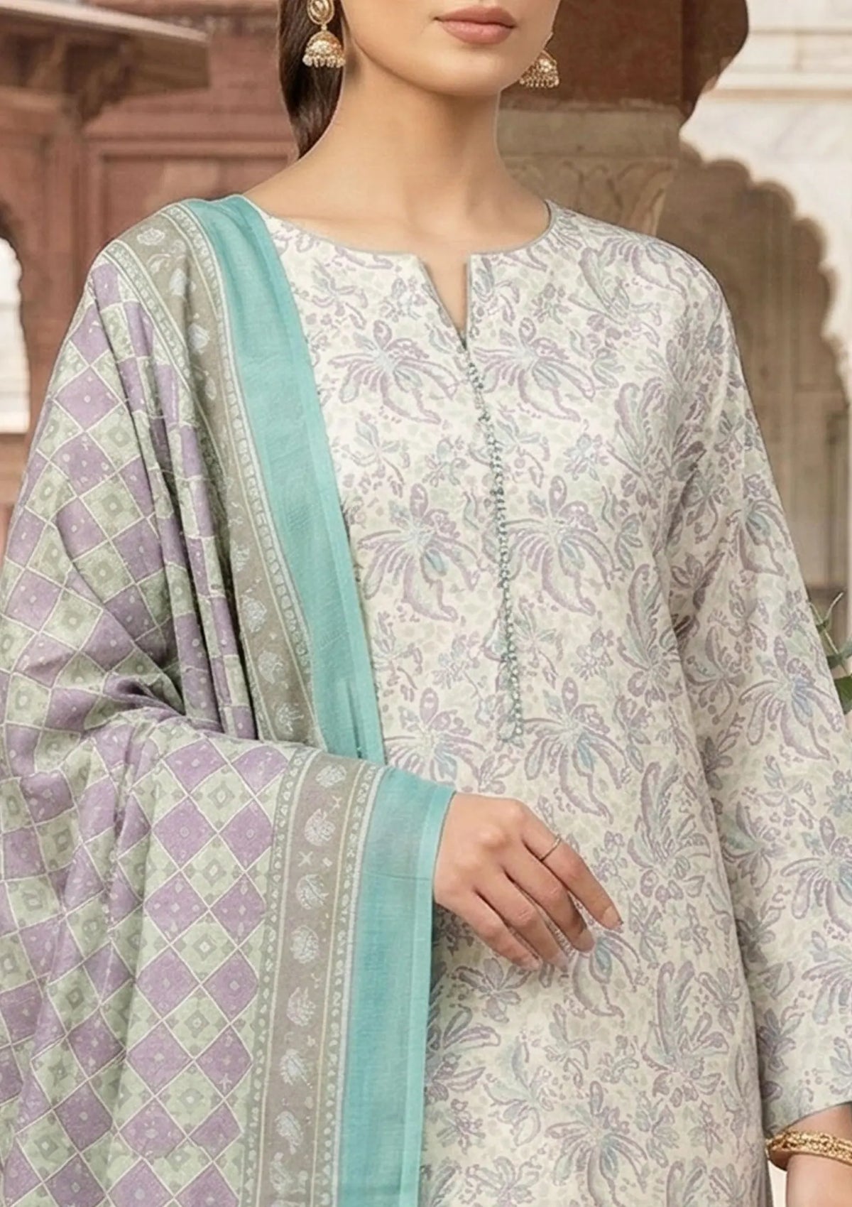 Prints Collection Volume 2 Pearl Mint pearl grey and mint unstitched 3 piece lawn back or full fabric view