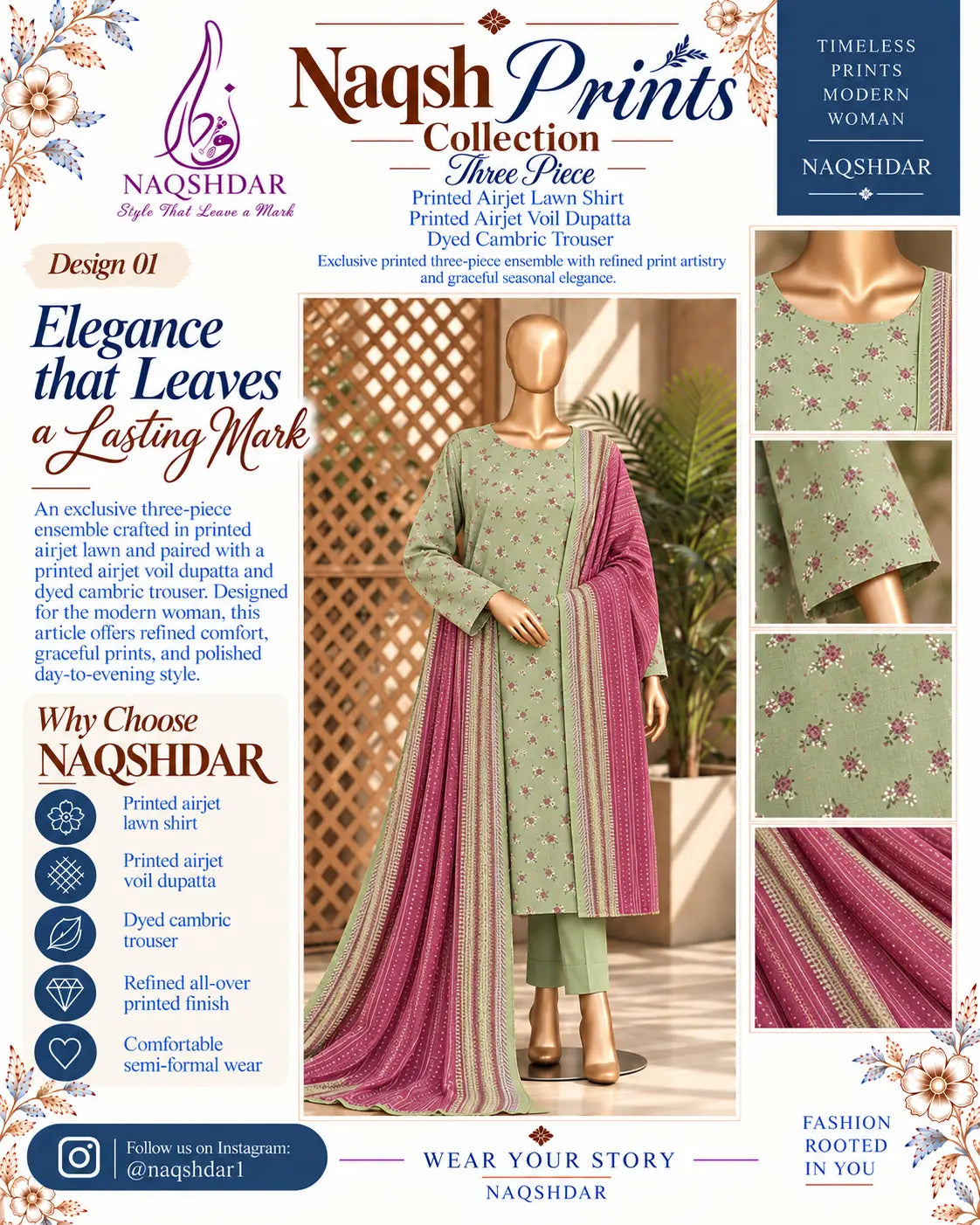 Prints Collection Volume 2 Sage Rose sage green and magenta unstitched 3 piece lawn Naqshdar catalog view