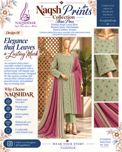 Prints Collection Volume 2 Sage Rose sage green and magenta unstitched 3 piece lawn Naqshdar catalog view