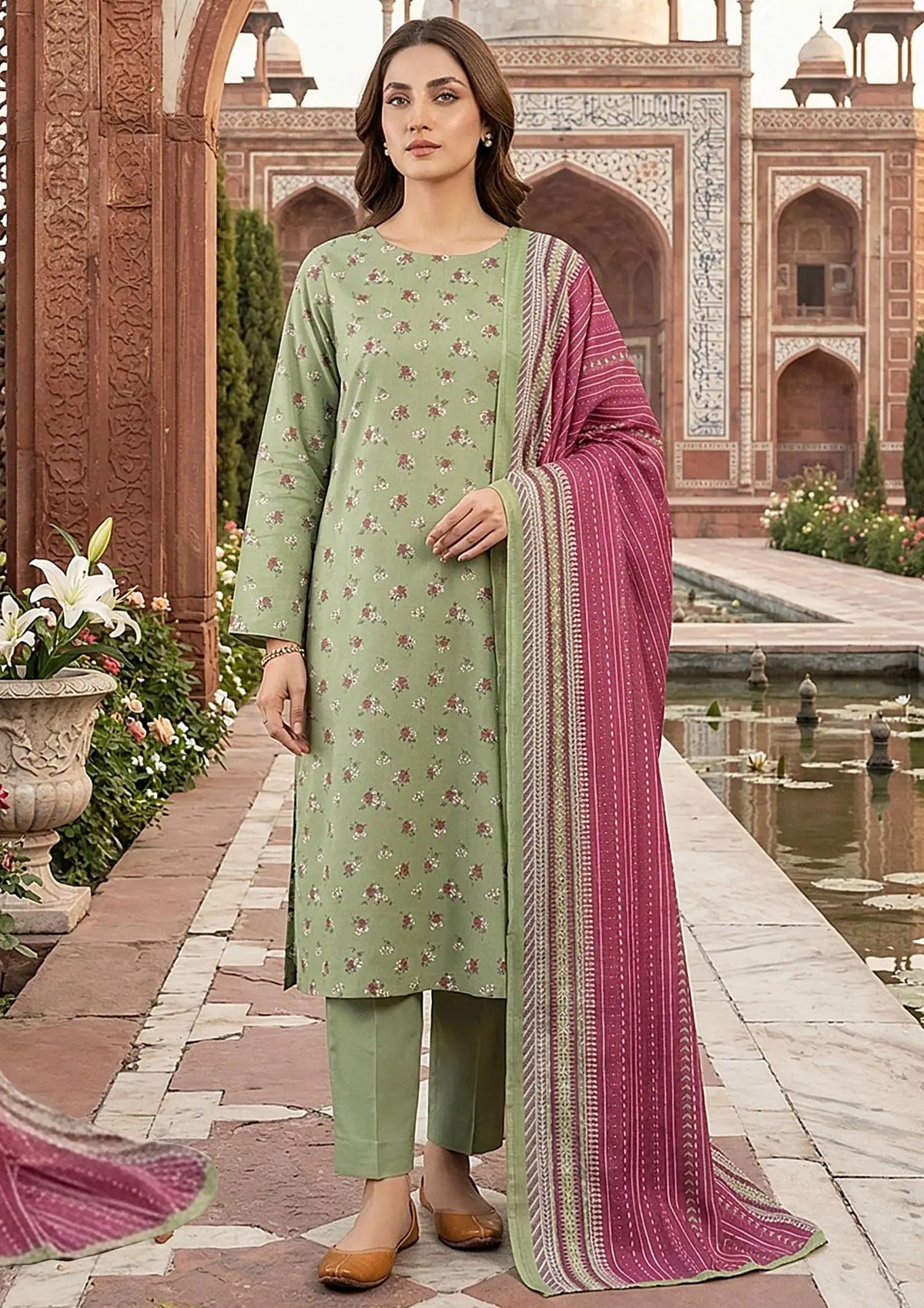 Prints Collection Volume 2 Sage Rose sage green and magenta unstitched 3 piece lawn front styling view