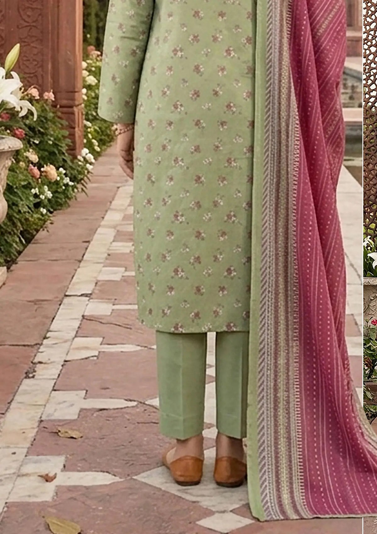 Prints Collection Volume 2 Sage Rose sage green and magenta unstitched 3 piece lawn back or full fabric view
