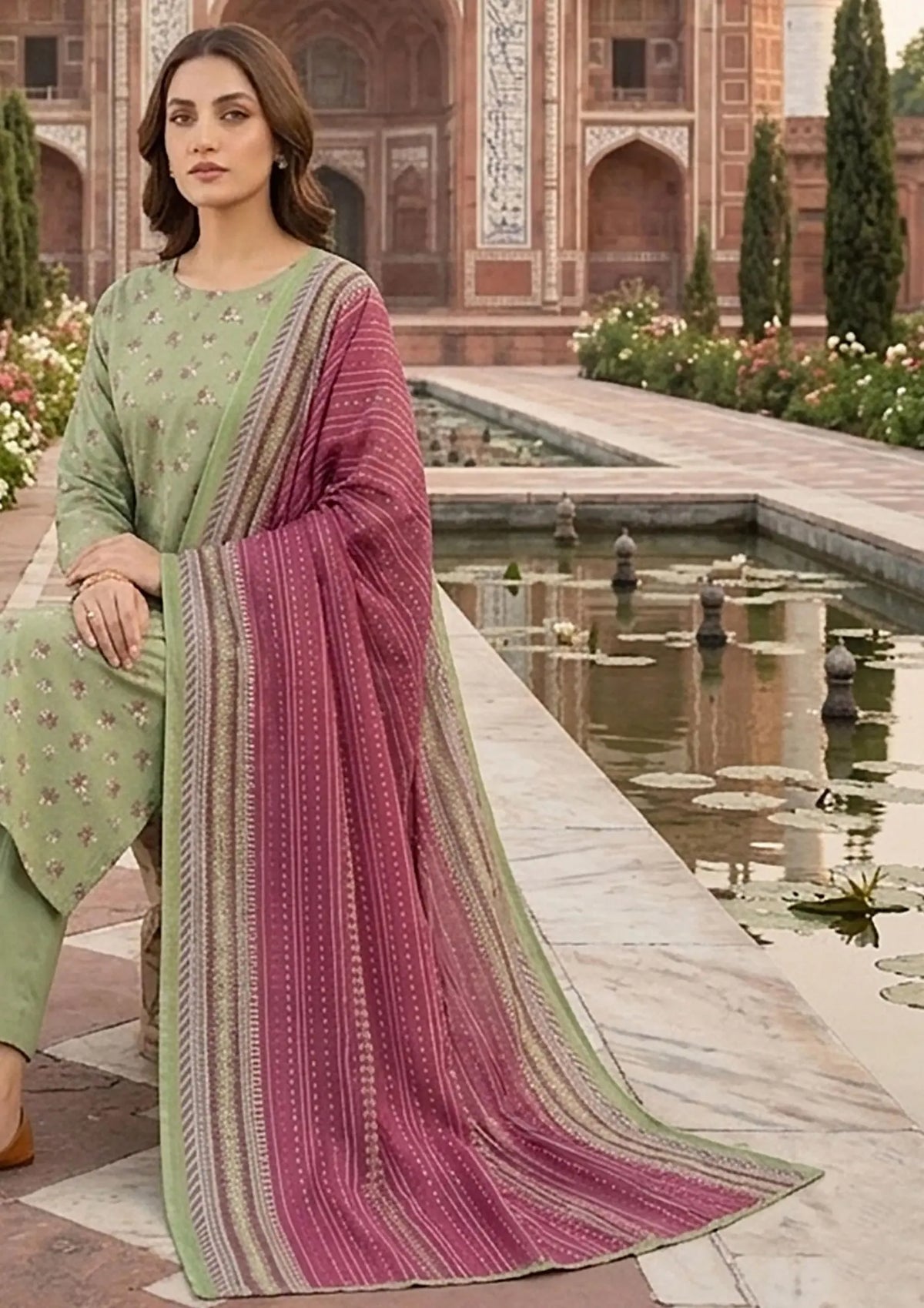 Prints Collection Volume 2 Sage Rose sage green and magenta unstitched 3 piece lawn close styling and print detail