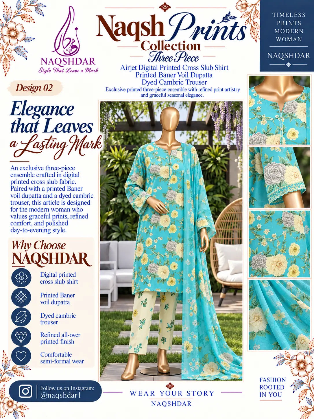 Aqua Dahlia aqua, ivory and yellow floral unstitched 3 piece cross slub lawn Naqshdar catalogue view