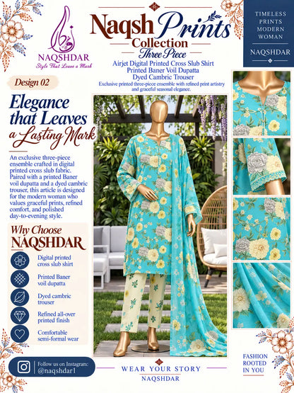 Aqua Dahlia aqua, ivory and yellow floral unstitched 3 piece cross slub lawn Naqshdar catalogue view