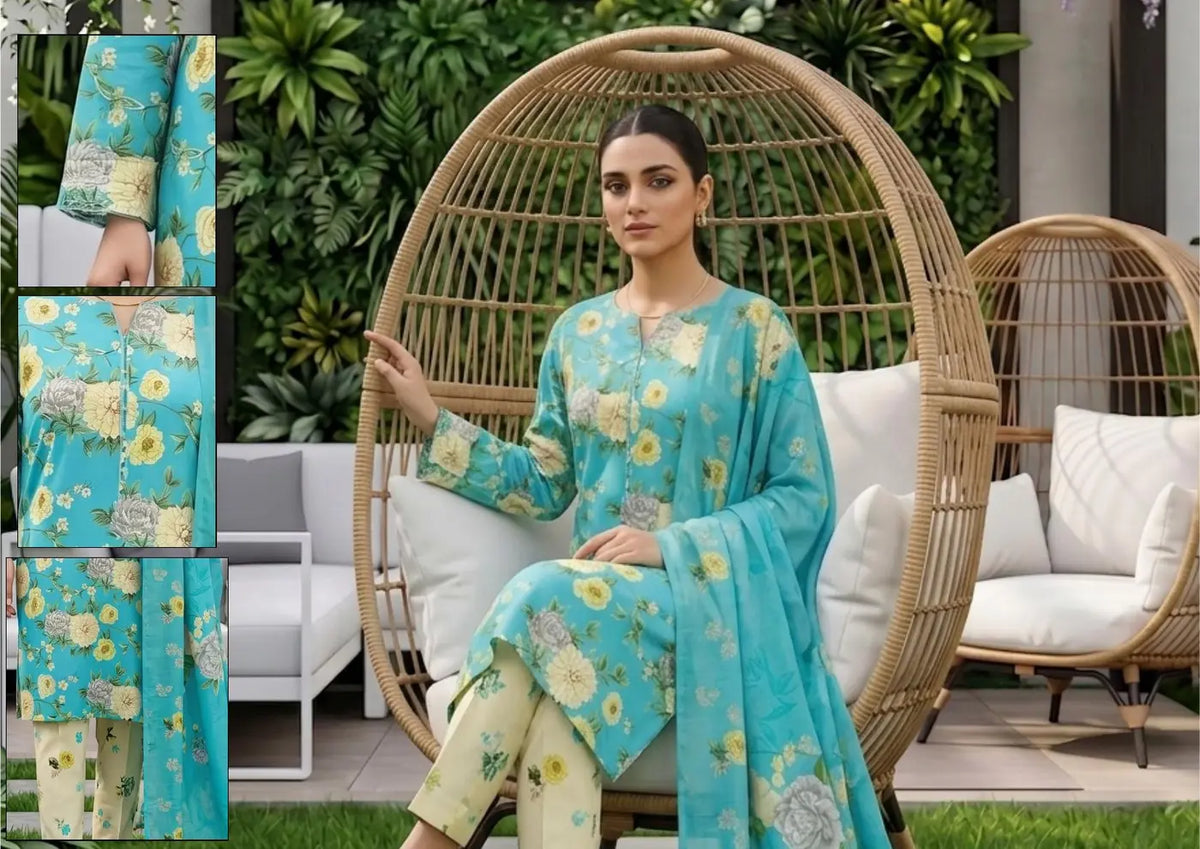 Aqua Dahlia aqua, ivory and yellow floral unstitched 3 piece cross slub lawn seated styling and fabric-detail view