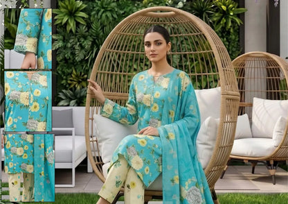 Aqua Dahlia aqua, ivory and yellow floral unstitched 3 piece cross slub lawn seated styling and fabric-detail view