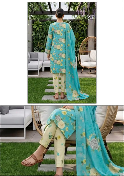 Aqua Dahlia aqua, ivory and yellow floral unstitched 3 piece cross slub lawn front or rear full-length view