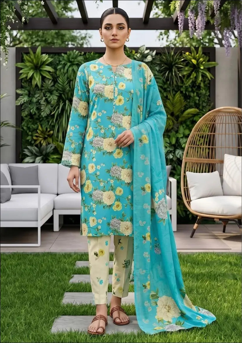 Aqua Dahlia aqua, ivory and yellow floral unstitched 3 piece cross slub lawn alternate full-length and print-detail view