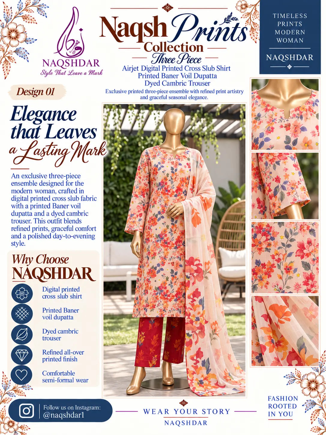 Coral Meadow coral, peach and red floral unstitched 3 piece cross slub lawn Naqshdar catalogue view