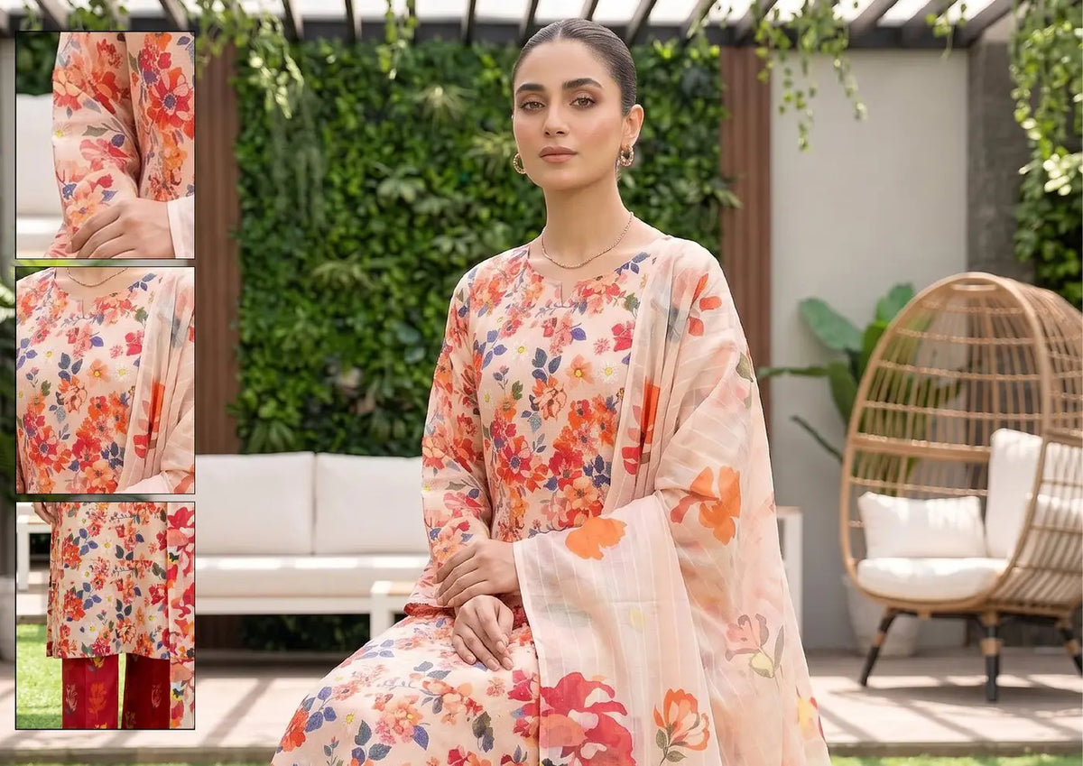 Coral Meadow coral, peach and red floral unstitched 3 piece cross slub lawn seated styling and fabric-detail view