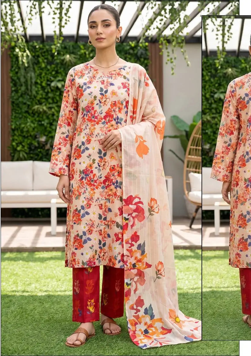 Coral Meadow coral, peach and red floral unstitched 3 piece cross slub lawn front or rear full-length view