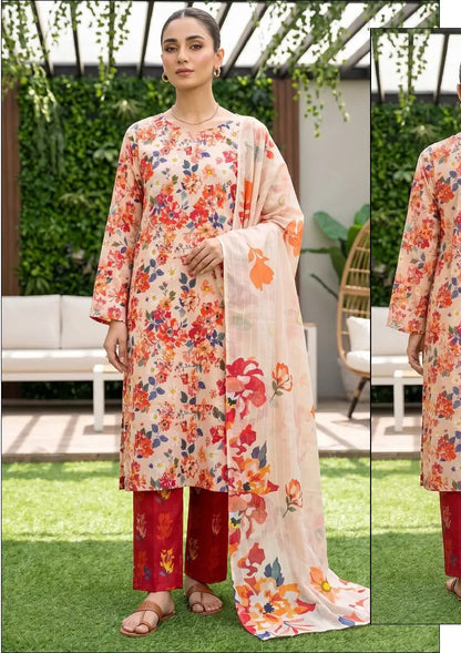 Coral Meadow coral, peach and red floral unstitched 3 piece cross slub lawn front or rear full-length view