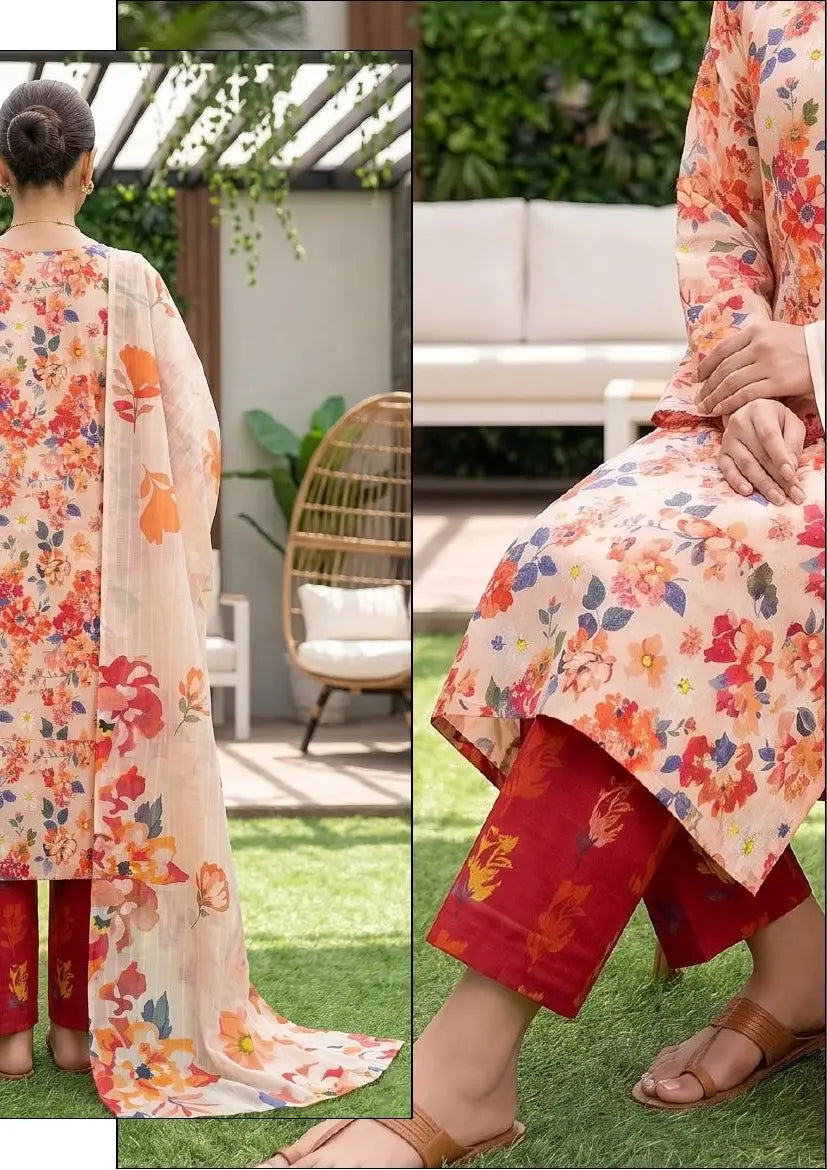 Coral Meadow coral, peach and red floral unstitched 3 piece cross slub lawn alternate full-length and print-detail view
