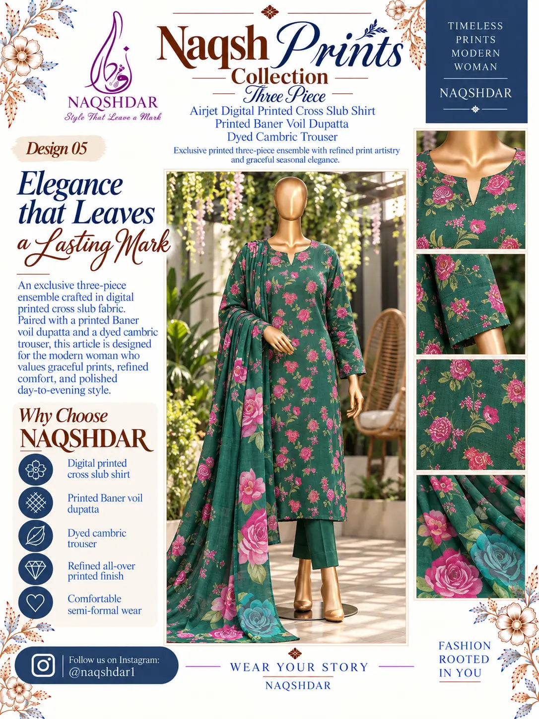 Emerald Rose emerald green and rose pink floral unstitched 3 piece cross slub lawn Naqshdar catalogue view