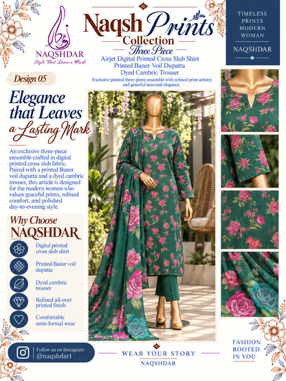 Emerald Rose emerald green and rose pink floral unstitched 3 piece cross slub lawn Naqshdar catalogue view
