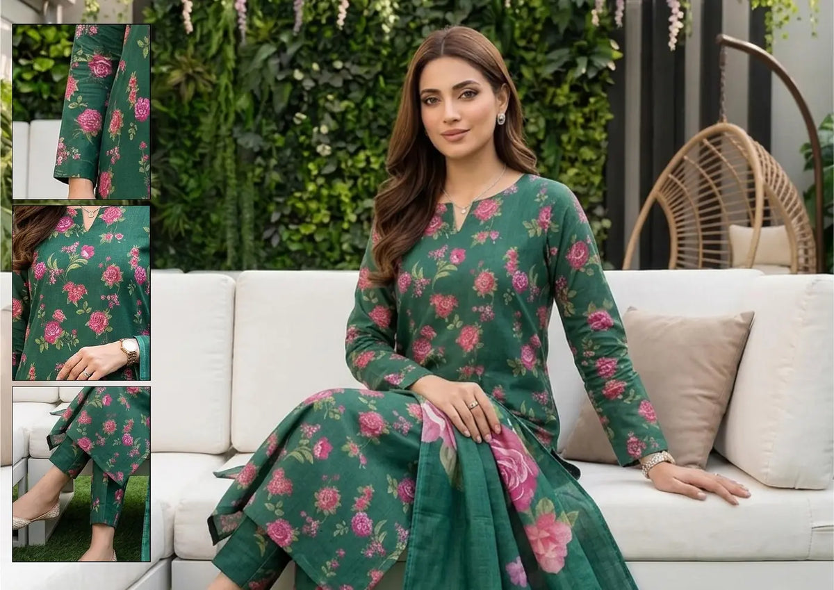 Emerald Rose emerald green and rose pink floral unstitched 3 piece cross slub lawn seated styling and fabric-detail view