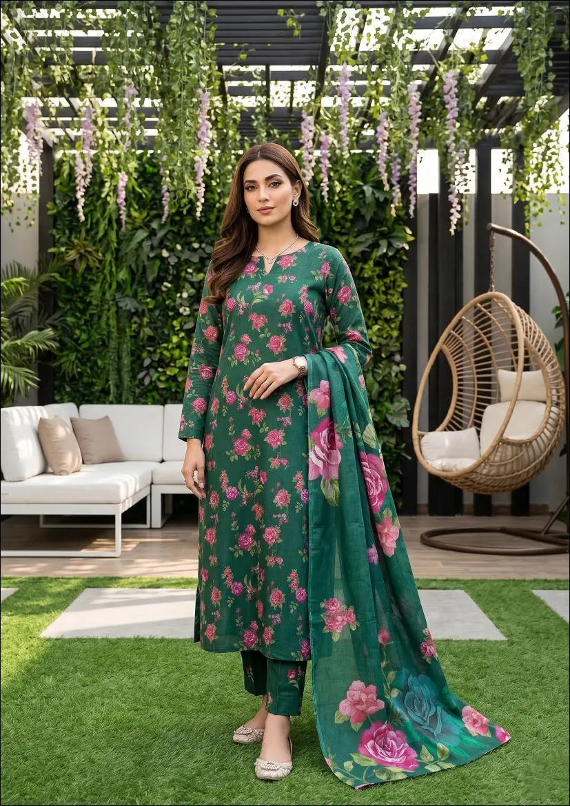 Emerald Rose emerald green and rose pink floral unstitched 3 piece cross slub lawn front or rear full-length view