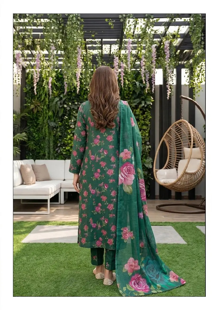 Emerald Rose emerald green and rose pink floral unstitched 3 piece cross slub lawn alternate full-length and print-detail view