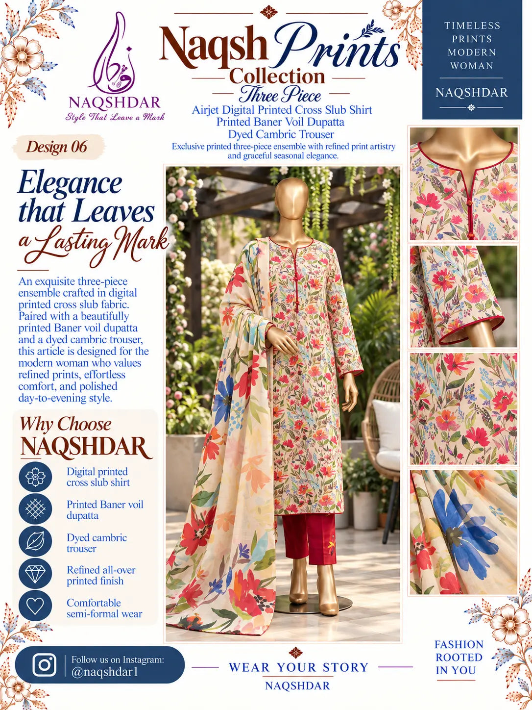 Ivory Fiesta ivory, red and blue floral unstitched 3 piece cross slub lawn Naqshdar catalogue view