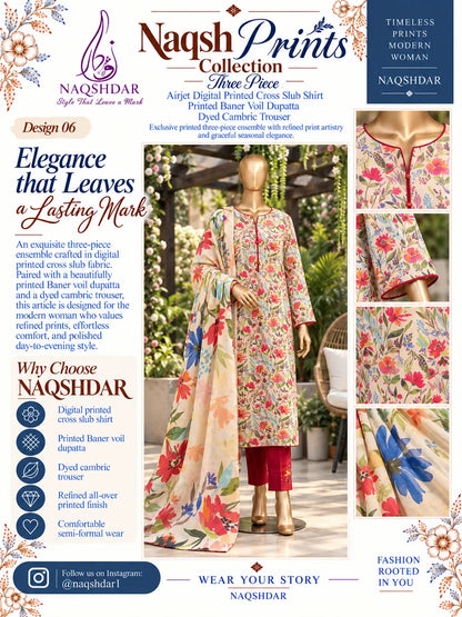 Ivory Fiesta ivory, red and blue floral unstitched 3 piece cross slub lawn Naqshdar catalogue view