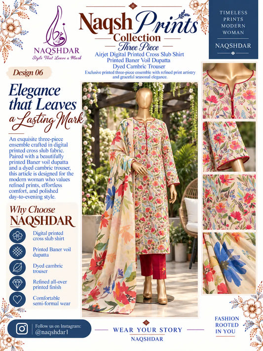 Ivory Fiesta ivory, red and blue floral unstitched 3 piece cross slub lawn Naqshdar catalogue view
