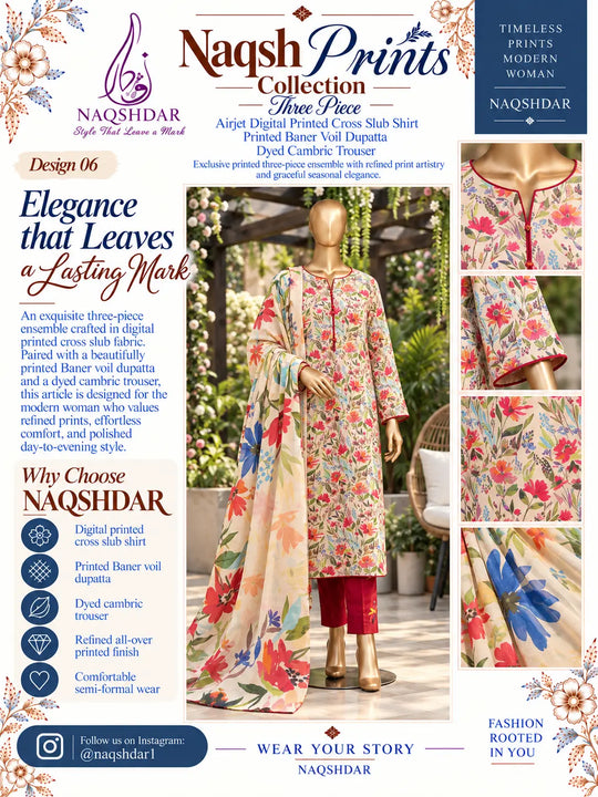 Ivory Fiesta 3PC Cross Slub Lawn - Prints Vol. 4