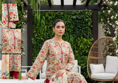 Ivory Fiesta ivory, red and blue floral unstitched 3 piece cross slub lawn seated styling and fabric-detail view