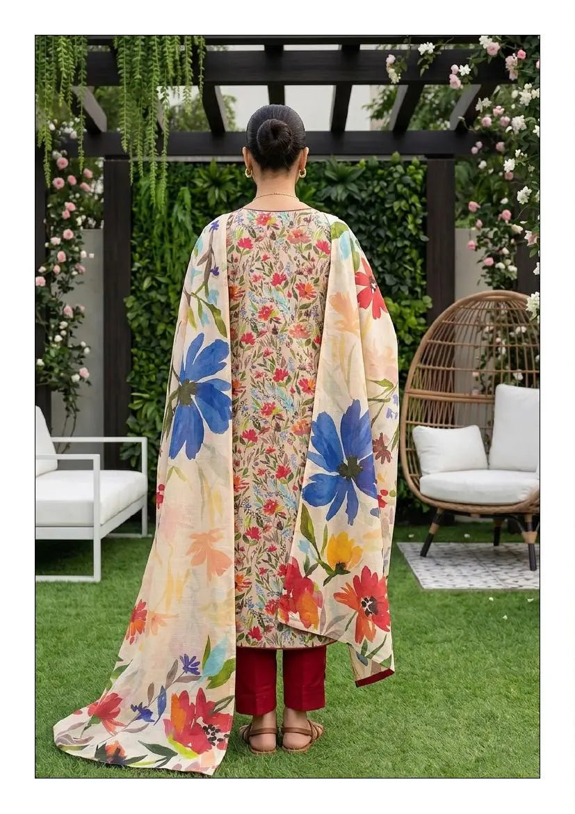 Ivory Fiesta ivory, red and blue floral unstitched 3 piece cross slub lawn front or rear full-length view