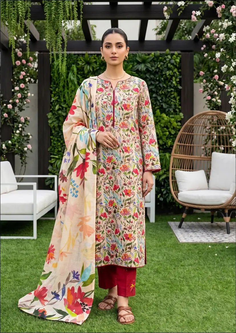 Ivory Fiesta ivory, red and blue floral unstitched 3 piece cross slub lawn alternate full-length and print-detail view