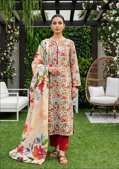 Ivory Fiesta ivory, red and blue floral unstitched 3 piece cross slub lawn alternate full-length and print-detail view