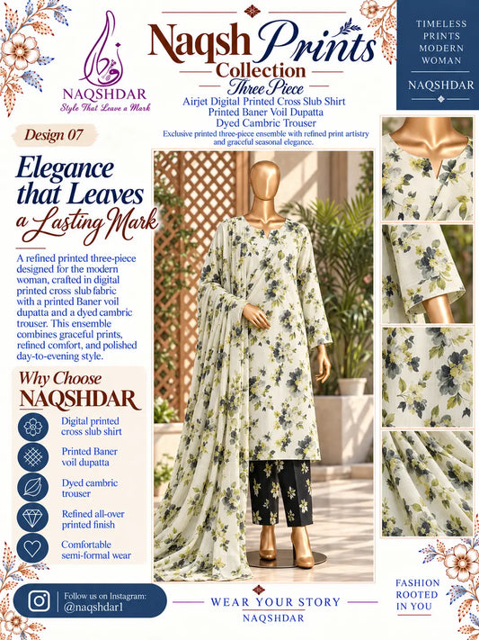 Ivory Noir ivory, black and sage floral unstitched 3 piece cross slub lawn Naqshdar catalogue view