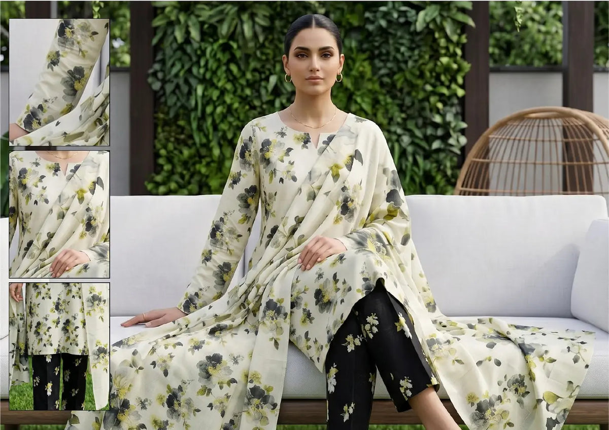 Ivory Noir ivory, black and sage floral unstitched 3 piece cross slub lawn seated styling and fabric-detail view