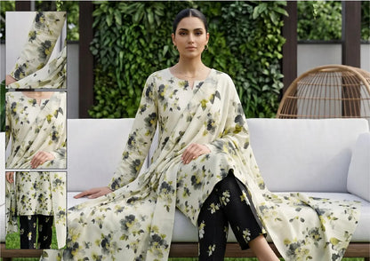 Ivory Noir ivory, black and sage floral unstitched 3 piece cross slub lawn seated styling and fabric-detail view