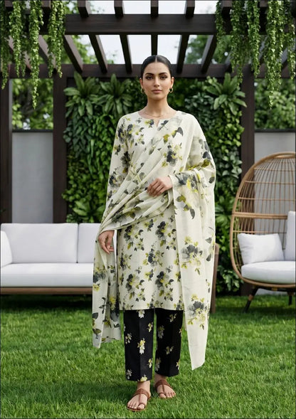 Ivory Noir ivory, black and sage floral unstitched 3 piece cross slub lawn front or rear full-length view