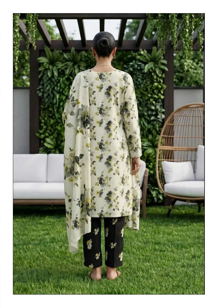 Ivory Noir ivory, black and sage floral unstitched 3 piece cross slub lawn alternate full-length and print-detail view