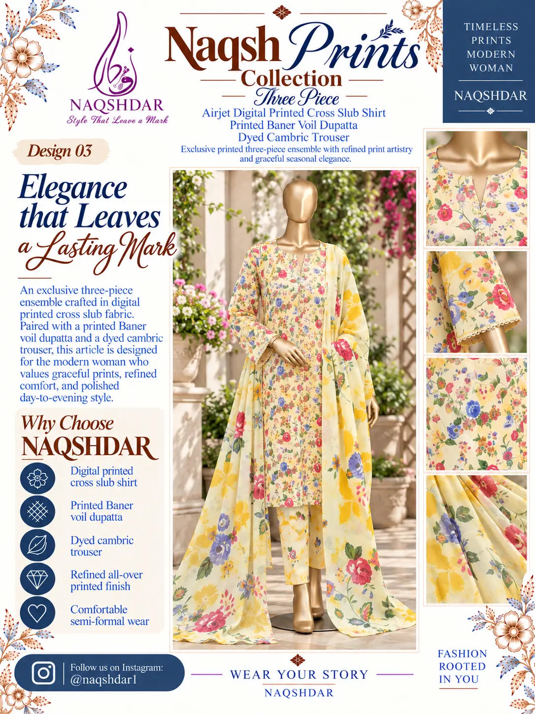 Lemon Garden ivory, lemon yellow and multicolour floral unstitched 3 piece cross slub lawn Naqshdar catalogue view