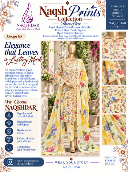 Lemon Garden ivory, lemon yellow and multicolour floral unstitched 3 piece cross slub lawn Naqshdar catalogue view