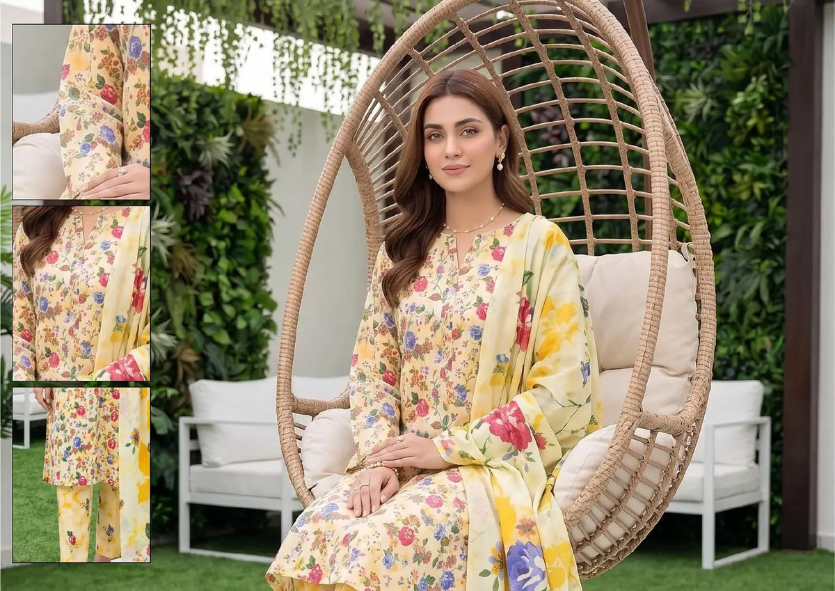 Lemon Garden ivory, lemon yellow and multicolour floral unstitched 3 piece cross slub lawn seated styling and fabric-detail view