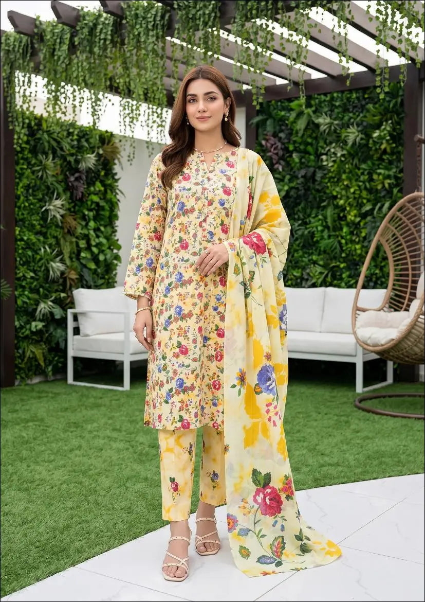 Lemon Garden ivory, lemon yellow and multicolour floral unstitched 3 piece cross slub lawn front or rear full-length view
