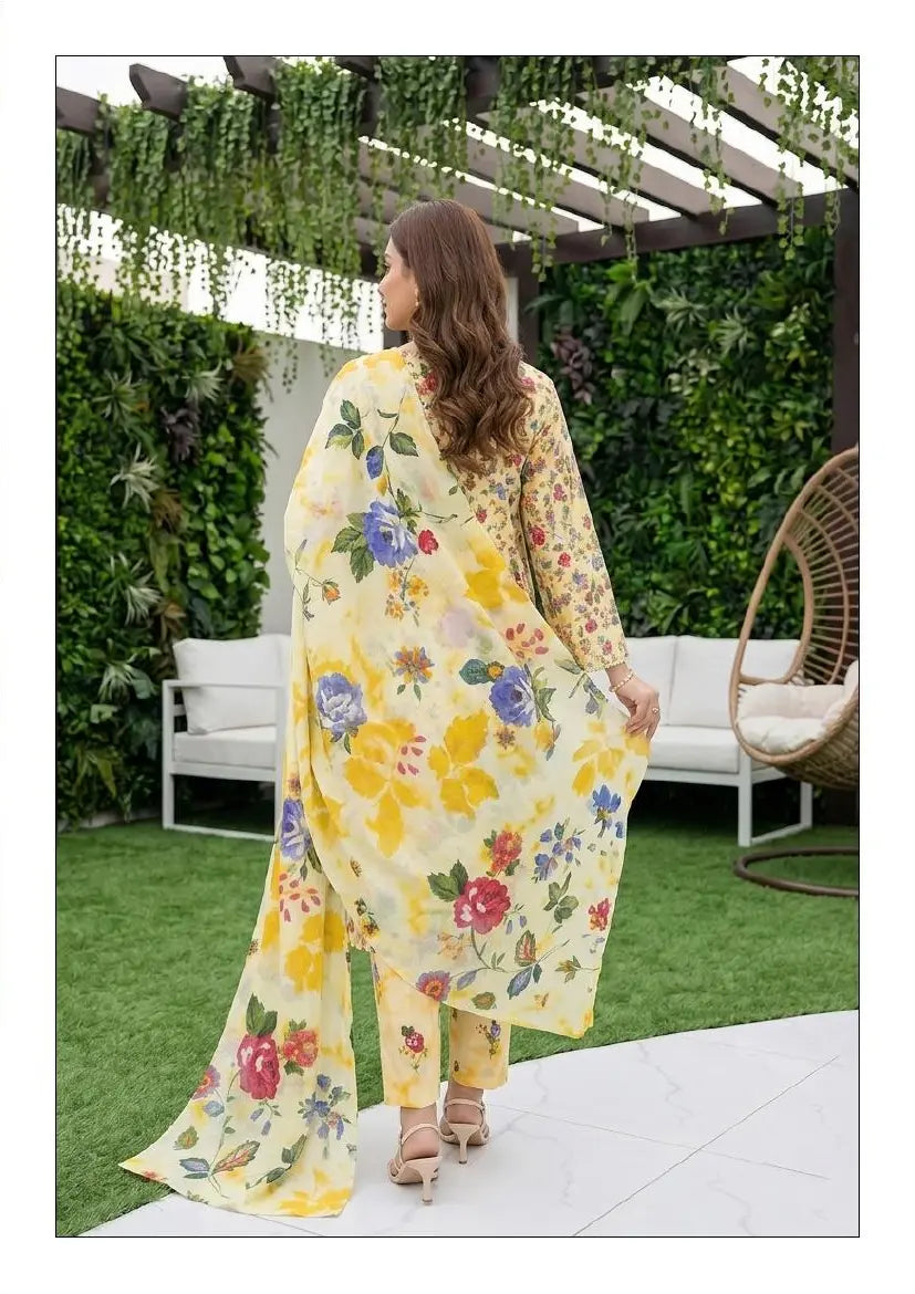 Lemon Garden ivory, lemon yellow and multicolour floral unstitched 3 piece cross slub lawn alternate full-length and print-detail view