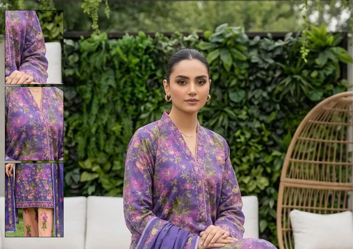 Violet Bloom violet, plum and pink floral unstitched 3 piece cross slub lawn seated styling and fabric-detail view