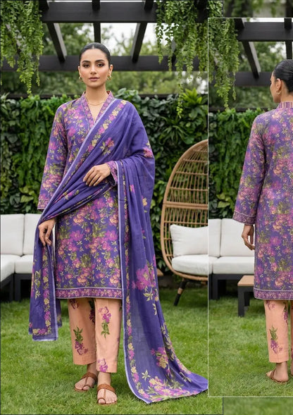 Violet Bloom violet, plum and pink floral unstitched 3 piece cross slub lawn front or rear full-length view