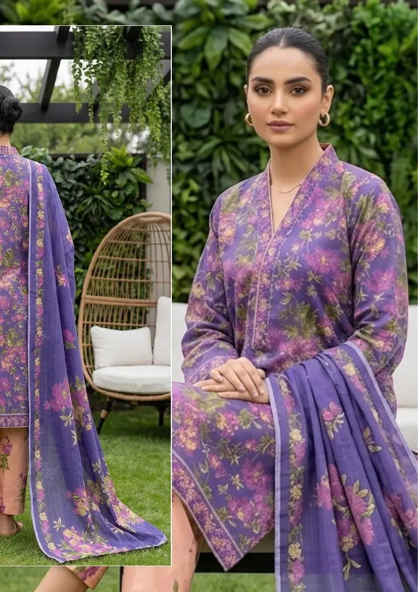Violet Bloom violet, plum and pink floral unstitched 3 piece cross slub lawn alternate full-length and print-detail view