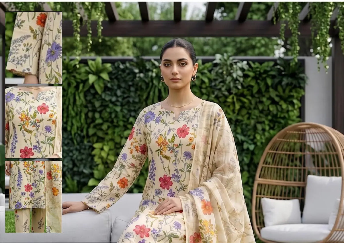 Wildflower Ivory ivory and multicolour wildflower unstitched 3 piece cross slub lawn seated styling and fabric-detail view