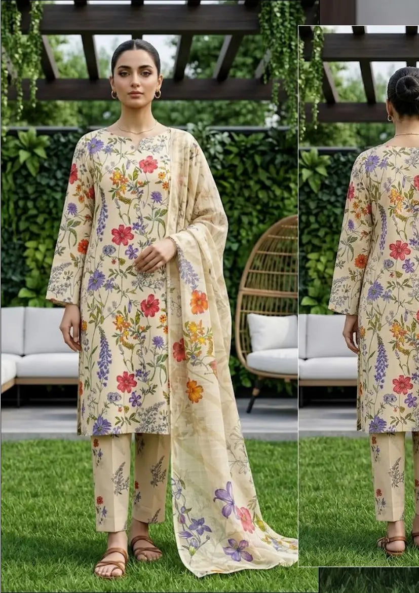Wildflower Ivory ivory and multicolour wildflower unstitched 3 piece cross slub lawn front or rear full-length view