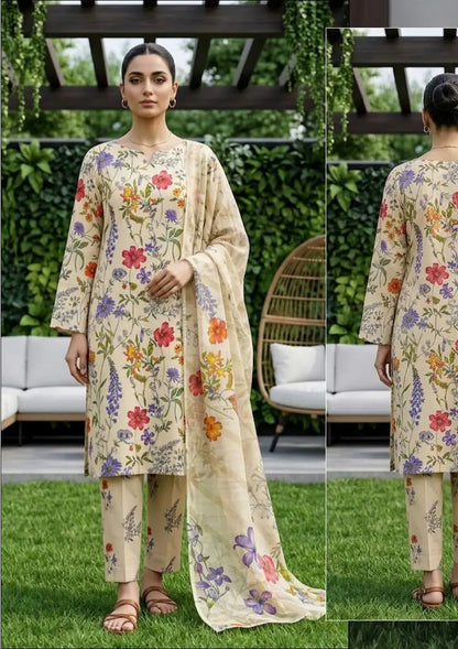 Wildflower Ivory ivory and multicolour wildflower unstitched 3 piece cross slub lawn front or rear full-length view