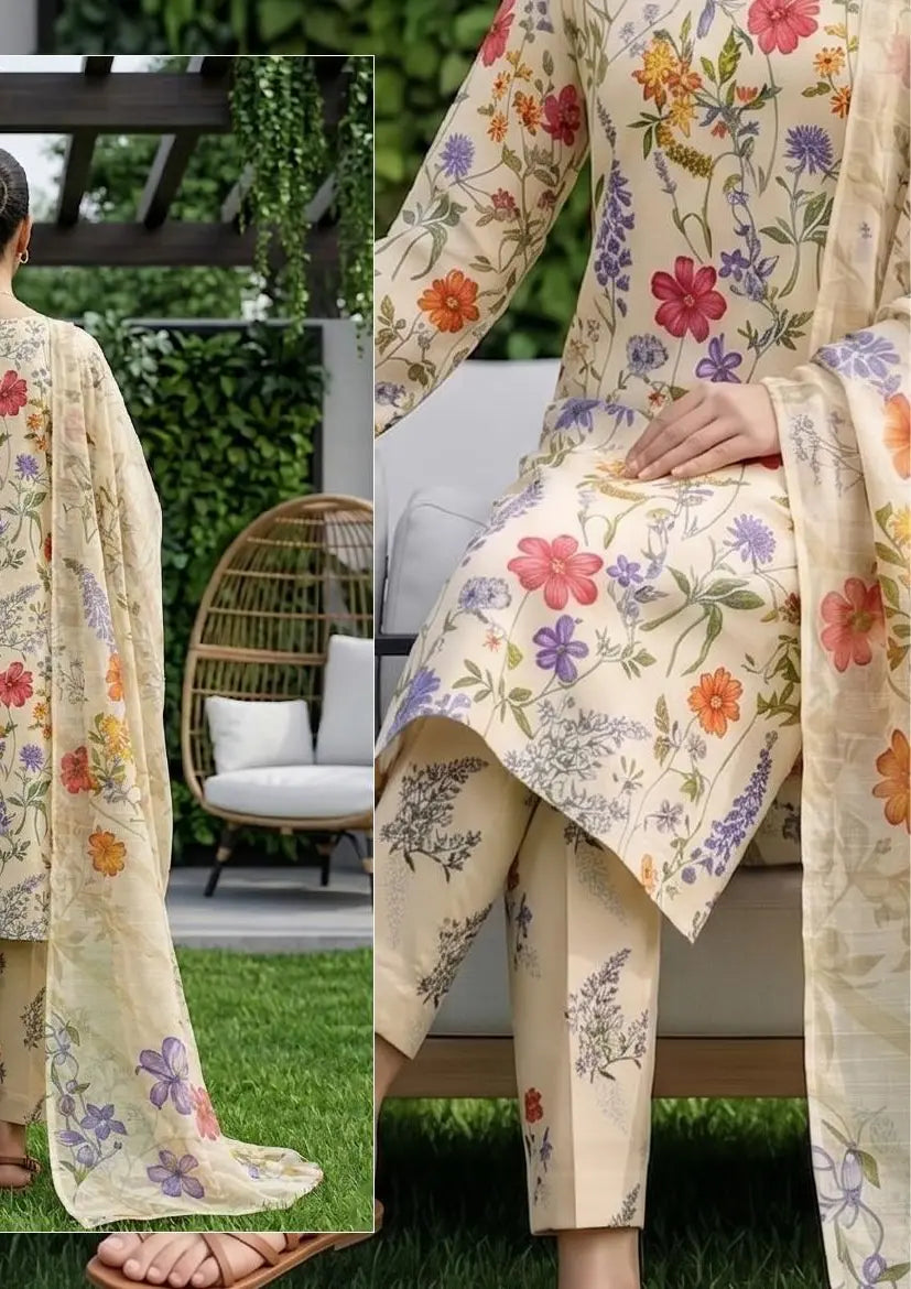 Wildflower Ivory ivory and multicolour wildflower unstitched 3 piece cross slub lawn alternate full-length and print-detail view