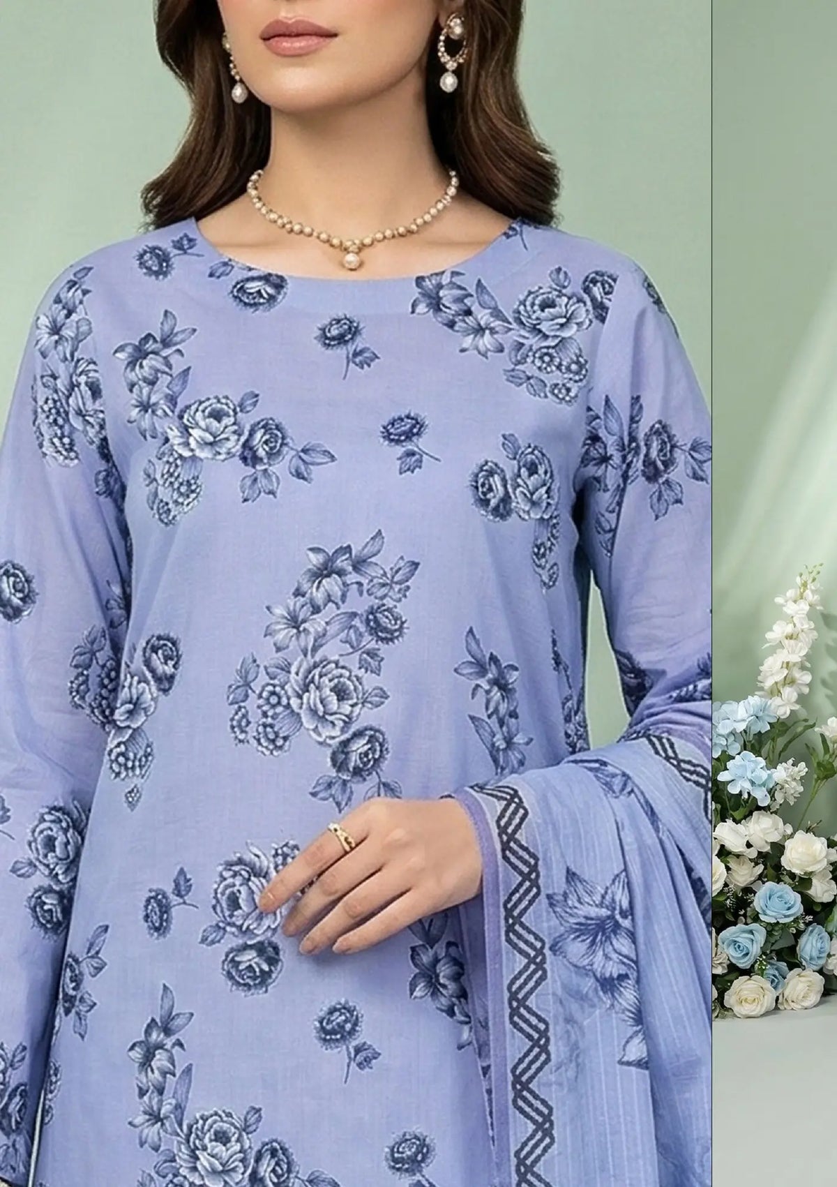 Azure Petal Powder Blue 3PC Printed Lawn dupatta view